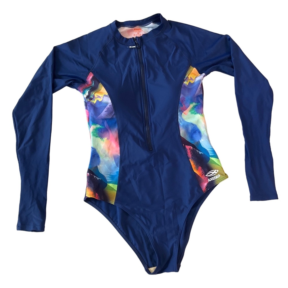 AXESEA Blue Long Sleeve Front Zip Rash Guard Accents OnePiece Swimsuit Size 10